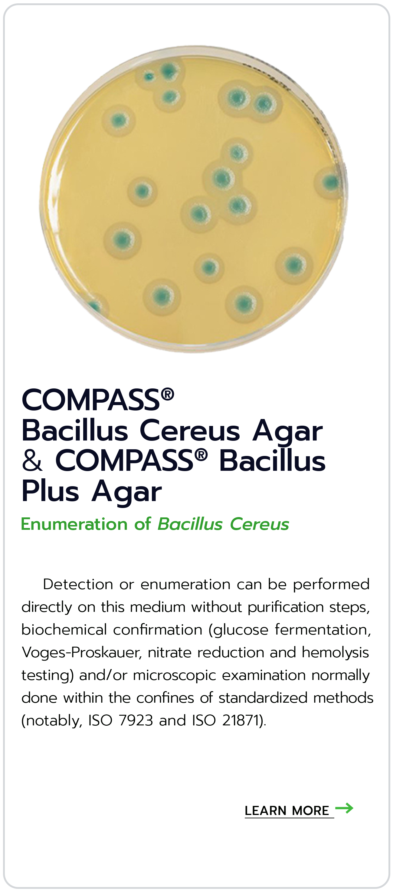 COMPASS® Bacillus Cereus Agar & COMPASS® Bacillus Plus Agar Enumeration of Bacillus Cereus biokar